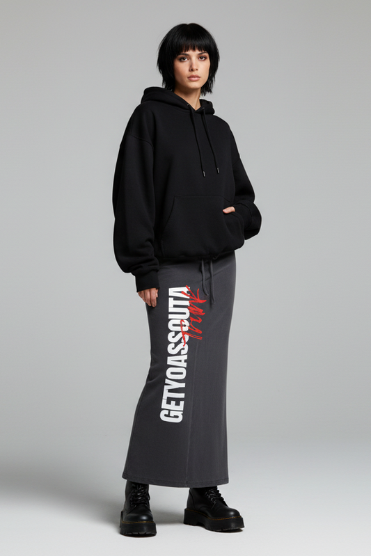 Gray skirt with text design on a white background