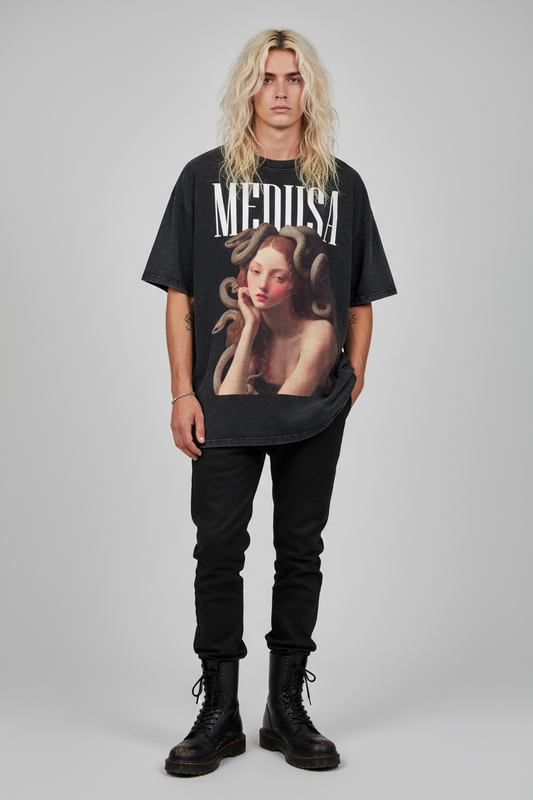 Black t-shirt with Medusa graphic and 'MEDUSA' text on a white background