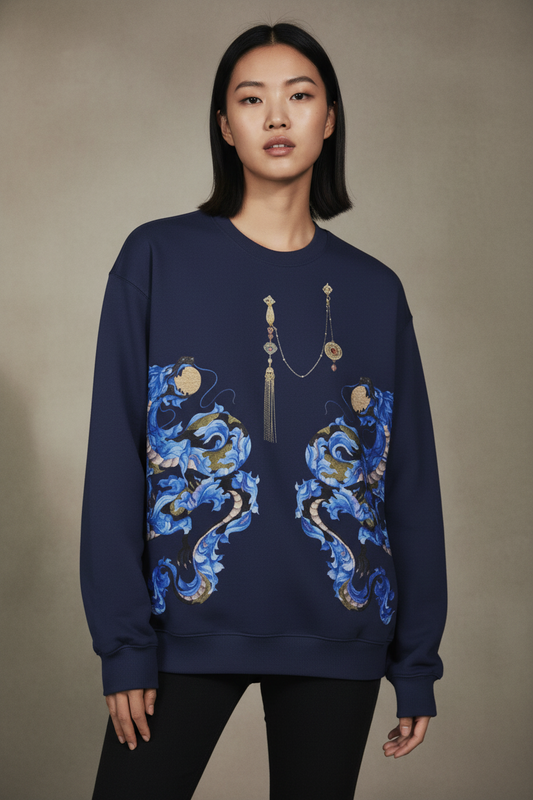 Woman wearing a navy blue sweatshirt with intricate blue designs on a beige background