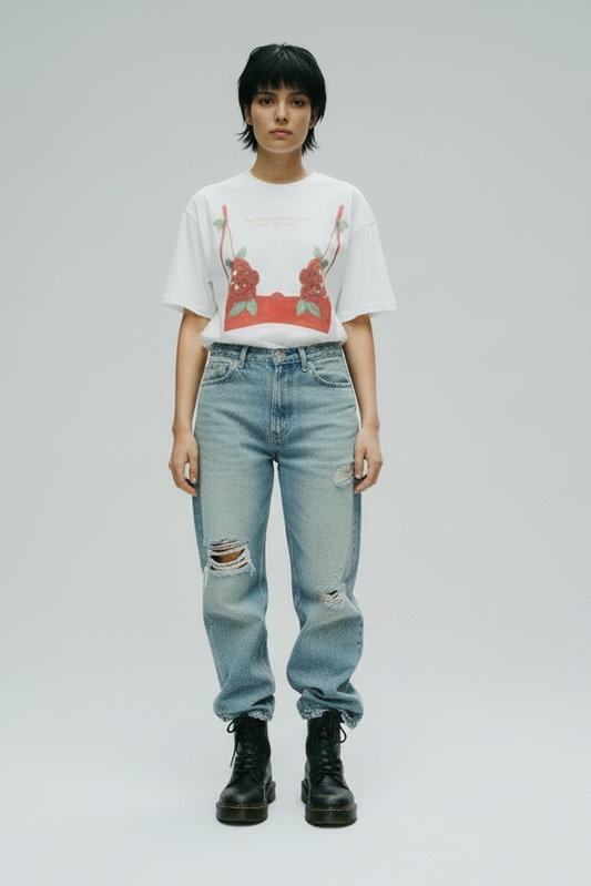 White t-shirt with red bikini top graphic and text on a white background