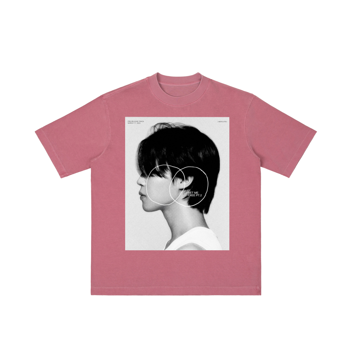 Pink t-shirt with a graphic of a person's profile on a white background