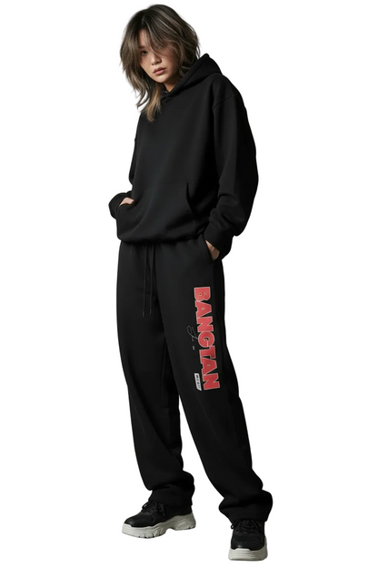 Dark gray sweatpants with red and white text on a white background