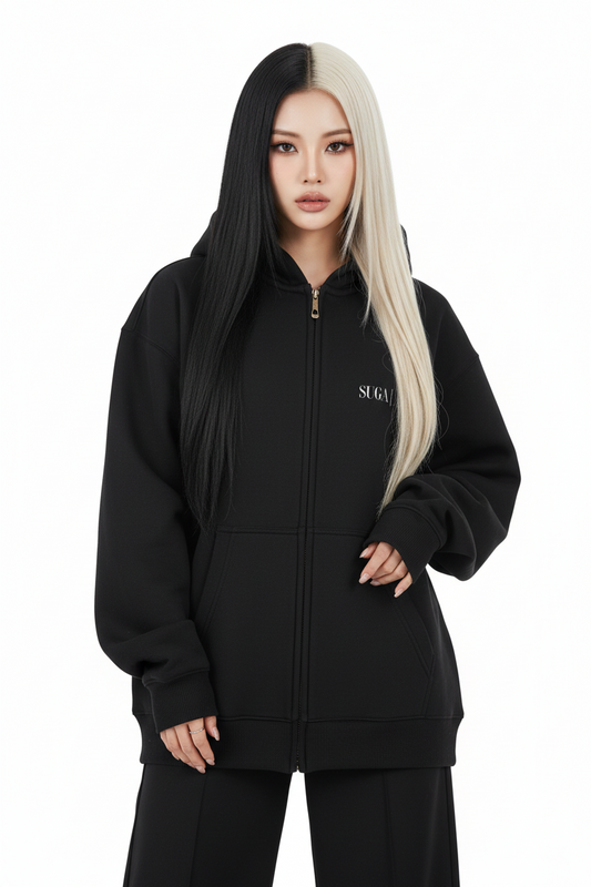 Black hoodie with a brand logo on a white background