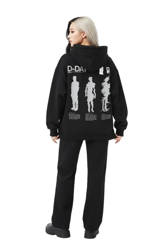 Black hoodie with white graphics and text on a white background