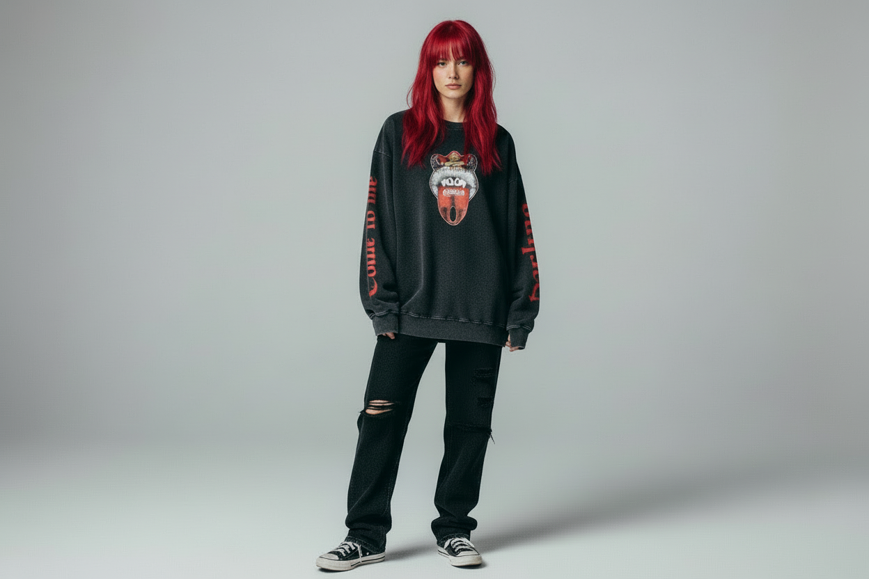 Black sweatshirt with a red and white graphic design on a white background