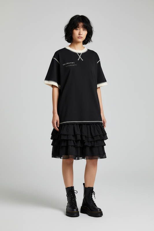 Black t-shirt with white trim on a white background