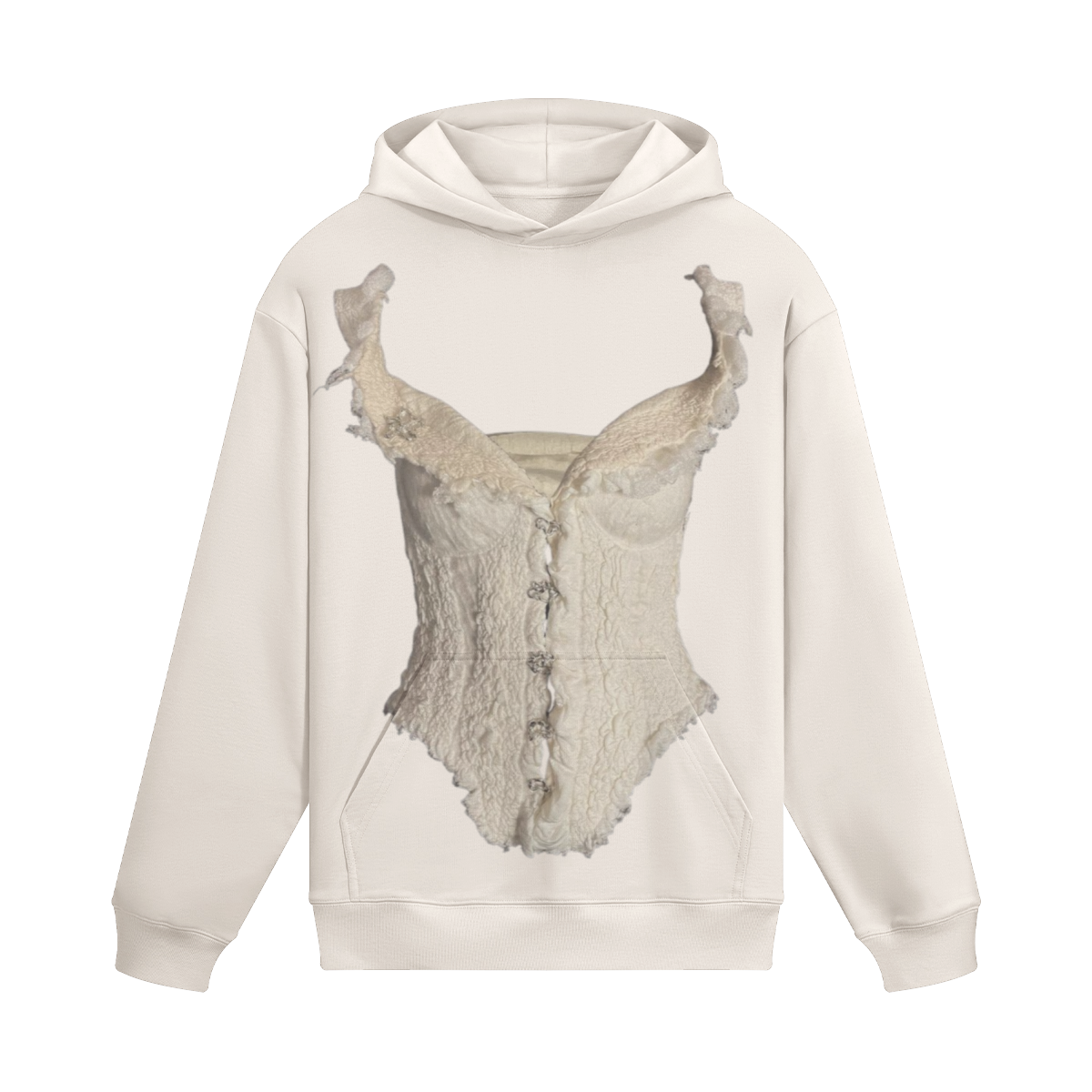 Beige hoodie with a graphic design of a corset on a white background